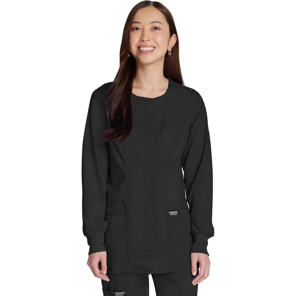 imageCherokee Womens Scrub Jacket Nurse Snap Front Medical Uniform with Pockets 2Way Stretch Easy Care Soft Fabric WW310Black