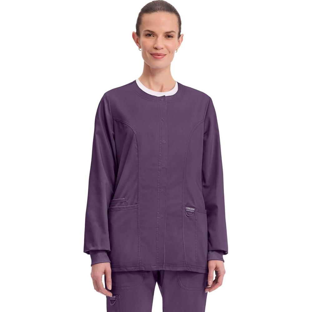 imageCherokee Womens Scrub Jacket Nurse Snap Front Medical Uniform with Pockets 2Way Stretch Easy Care Soft Fabric WW310Eggplant