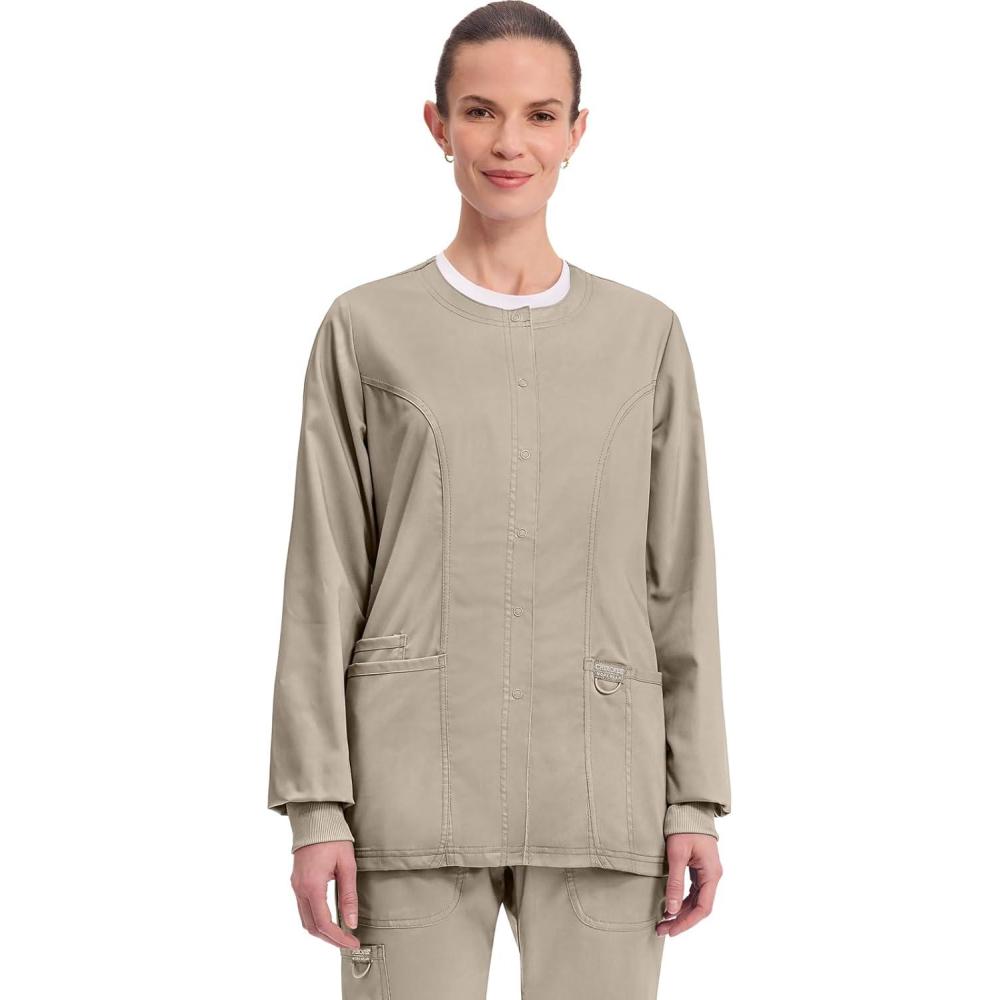 imageCherokee Womens Scrub Jacket Nurse Snap Front Medical Uniform with Pockets 2Way Stretch Easy Care Soft Fabric WW310Khaki