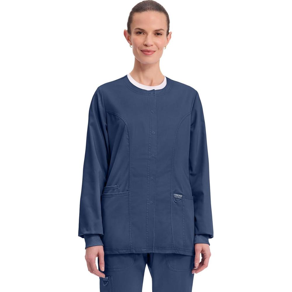 imageCherokee Womens Scrub Jacket Nurse Snap Front Medical Uniform with Pockets 2Way Stretch Easy Care Soft Fabric WW310Navy