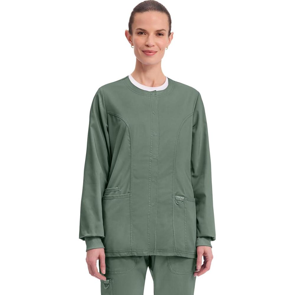 imageCherokee Womens Scrub Jacket Nurse Snap Front Medical Uniform with Pockets 2Way Stretch Easy Care Soft Fabric WW310Olive