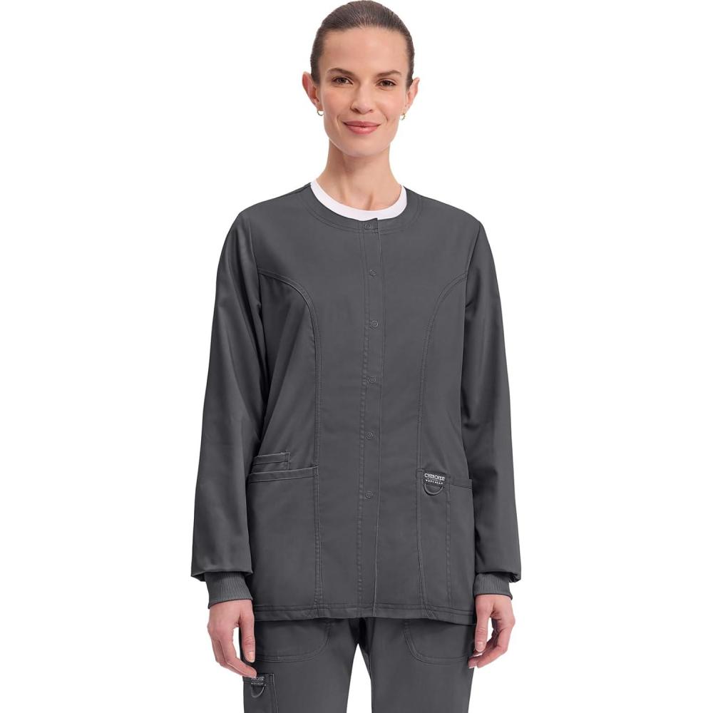 imageCherokee Womens Scrub Jacket Nurse Snap Front Medical Uniform with Pockets 2Way Stretch Easy Care Soft Fabric WW310Pewter