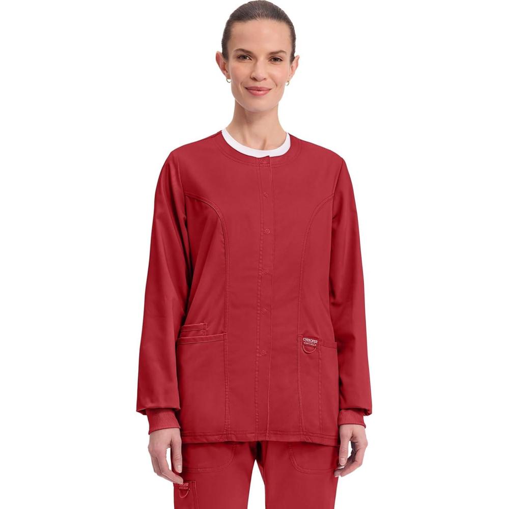 imageCherokee Womens Scrub Jacket Nurse Snap Front Medical Uniform with Pockets 2Way Stretch Easy Care Soft Fabric WW310Red