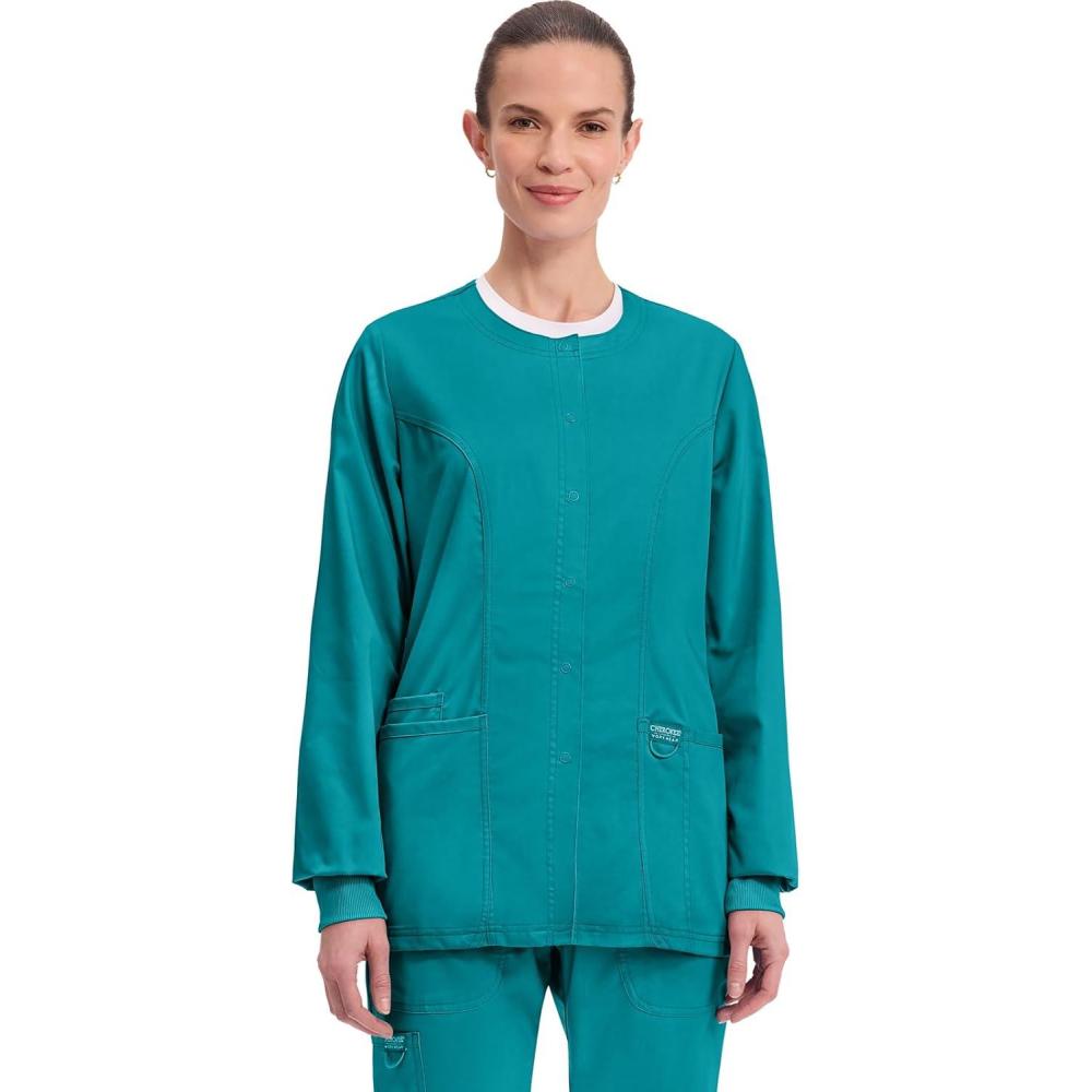 imageCherokee Womens Scrub Jacket Nurse Snap Front Medical Uniform with Pockets 2Way Stretch Easy Care Soft Fabric WW310Teal Blue