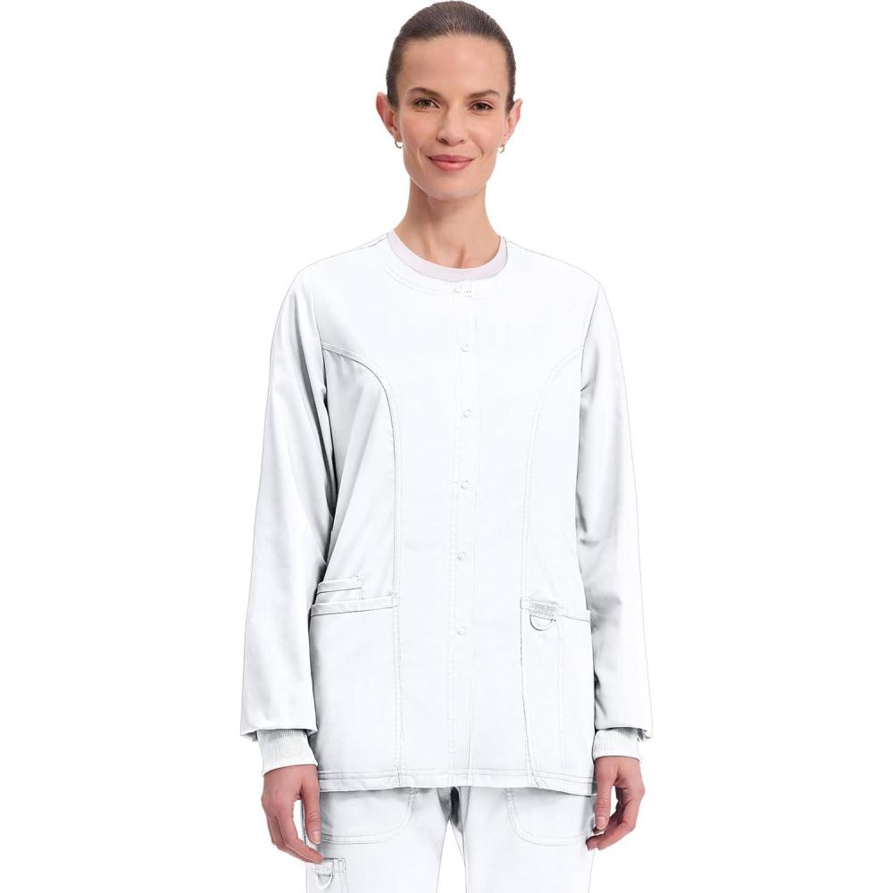 imageCherokee Womens Scrub Jacket Nurse Snap Front Medical Uniform with Pockets 2Way Stretch Easy Care Soft Fabric WW310White