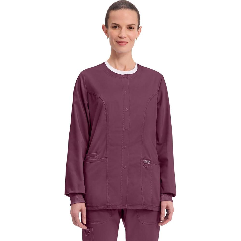 imageCherokee Womens Scrub Jacket Nurse Snap Front Medical Uniform with Pockets 2Way Stretch Easy Care Soft Fabric WW310Wine