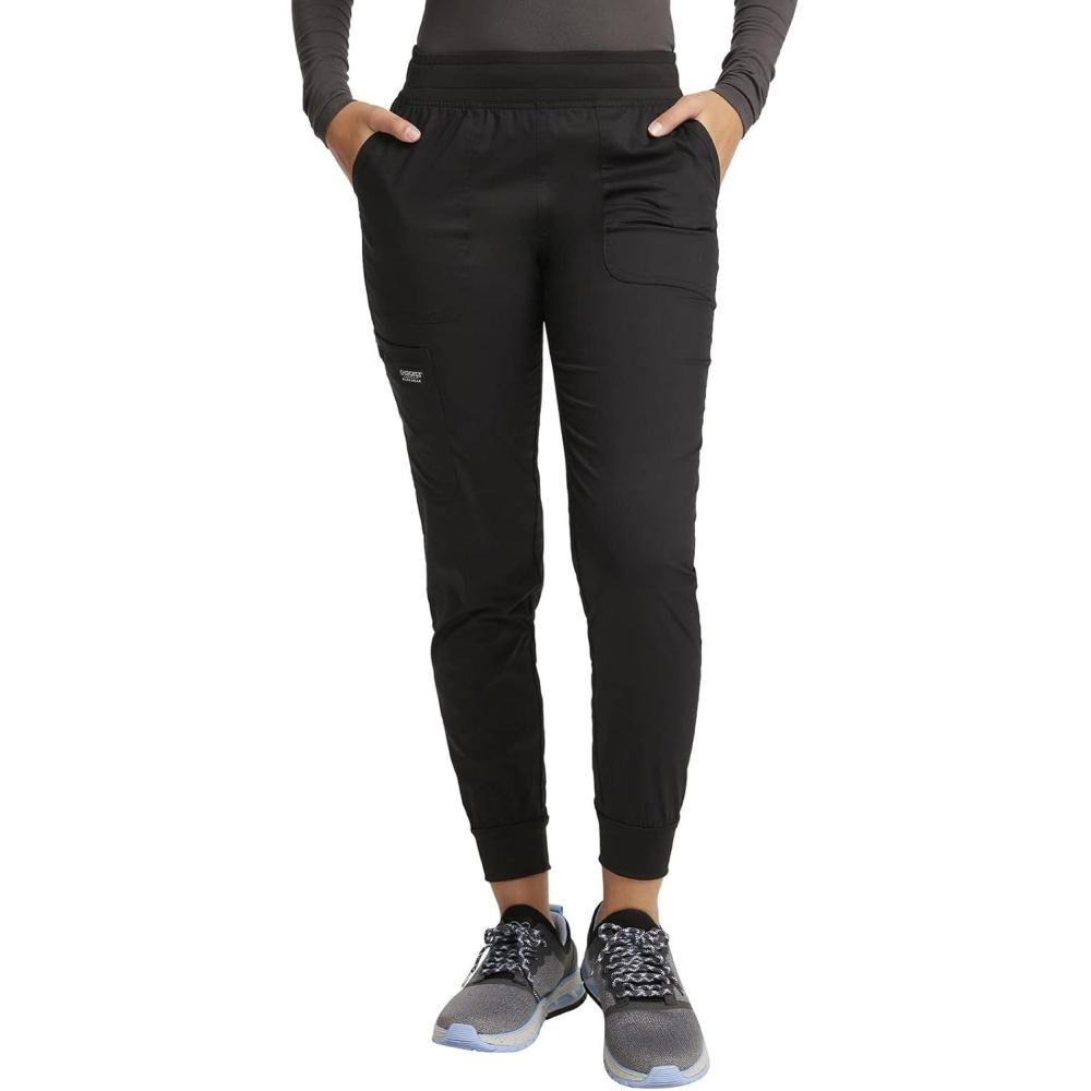imageCherokee Womens Scrub Jogger Pants Modern Classic Fit Mid Rise Bottom with 5 Pockets Elastic Knit Waistband WW115Black
