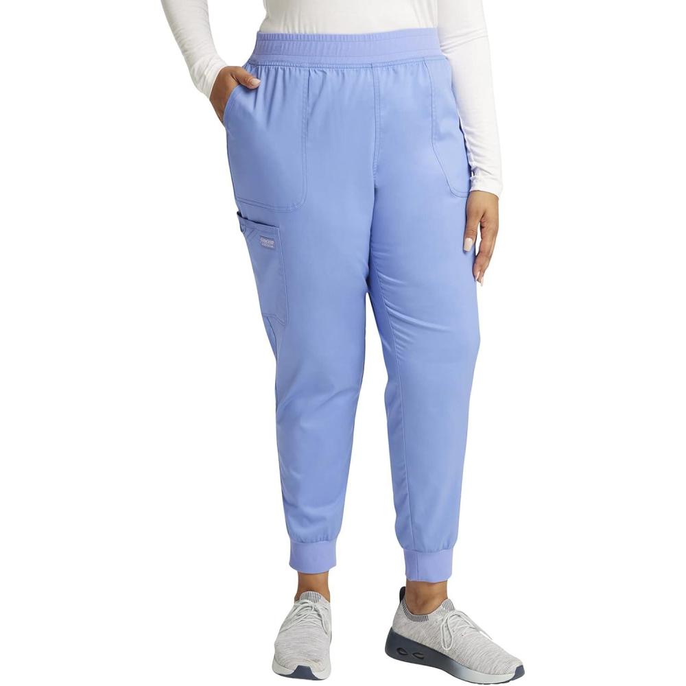 imageCherokee Womens Scrub Jogger Pants Modern Classic Fit Mid Rise Bottom with 5 Pockets Elastic Knit Waistband WW115Ciel