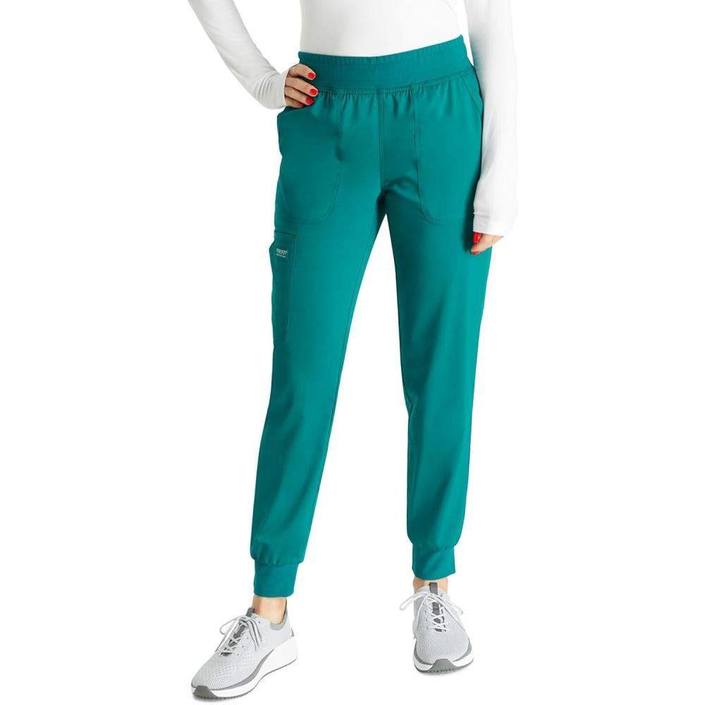 imageCherokee Womens Scrub Jogger Pants Modern Classic Fit Mid Rise Bottom with 5 Pockets Elastic Knit Waistband WW115Hunter Green