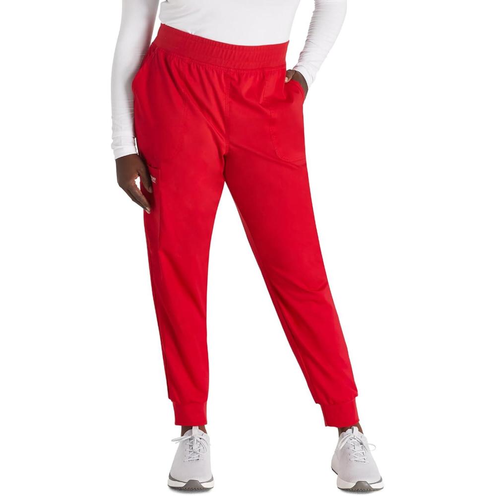 imageCherokee Womens Scrub Jogger Pants Modern Classic Fit Mid Rise Bottom with 5 Pockets Elastic Knit Waistband WW115Red