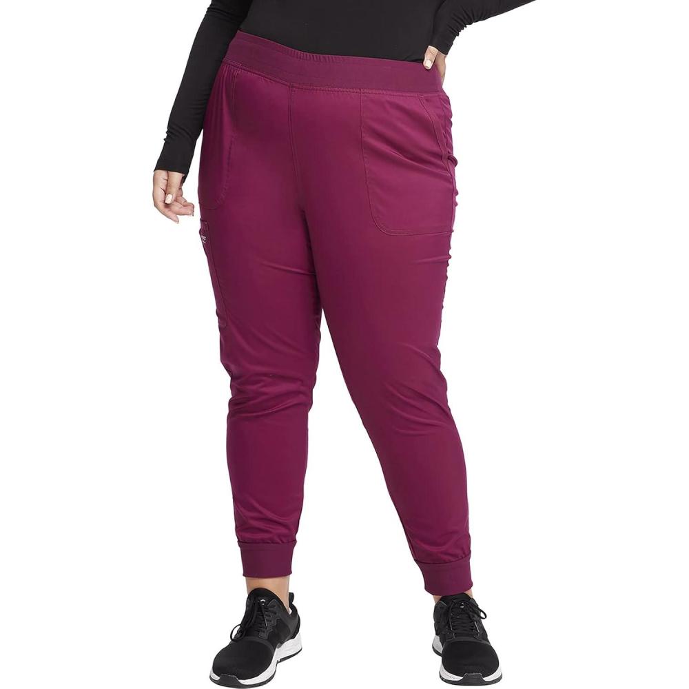 imageCherokee Womens Scrub Jogger Pants Modern Classic Fit Mid Rise Bottom with 5 Pockets Elastic Knit Waistband WW115Wine