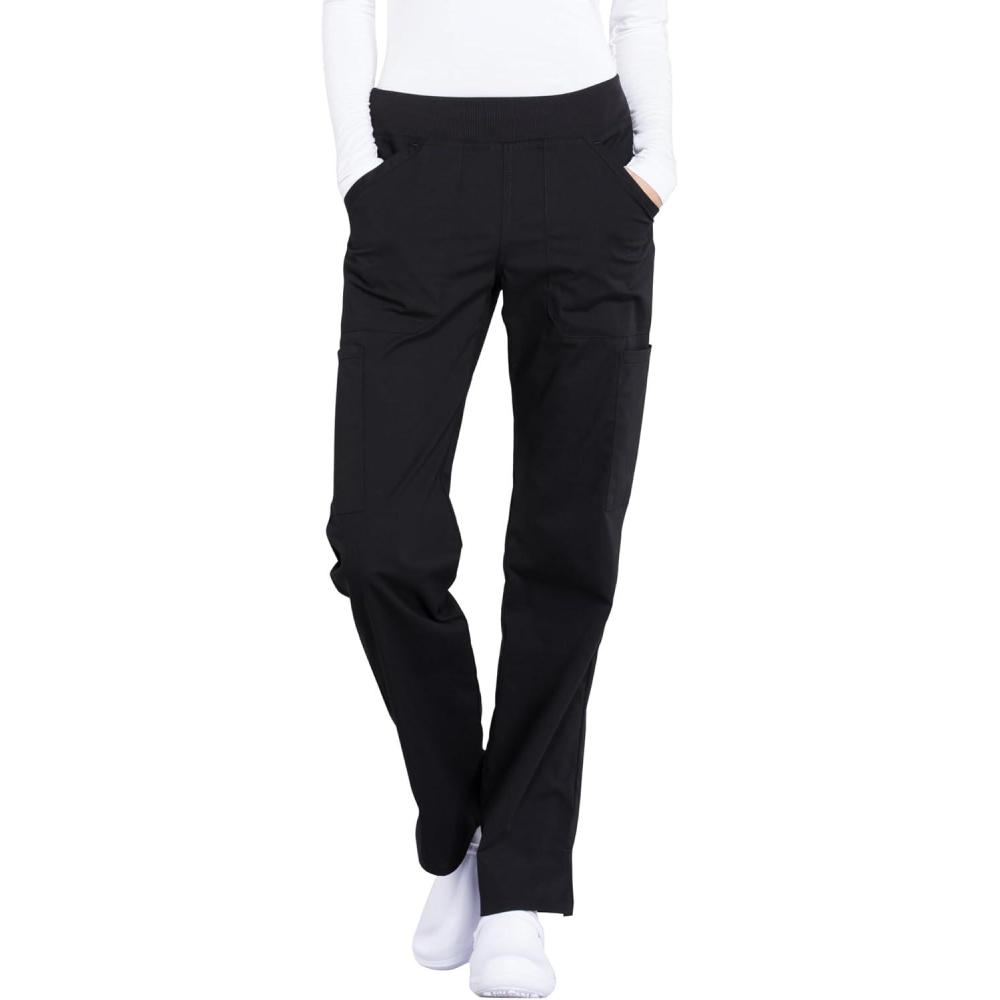 imageCherokee Womens Scrub Pants Mid Rise Straight Leg Pullon Cargo Pant with 6 Pockets amp 2Way Stretch Fabric WW170Black