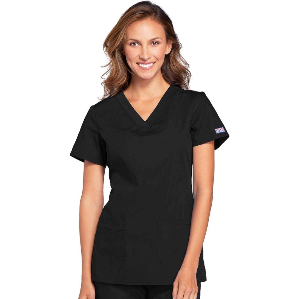 imageCherokee Womens VNeck Scrub Top Modern Classic Shirt with 3 Pockets Instrument Loop amp Fade Resistant Fabric WW645Black