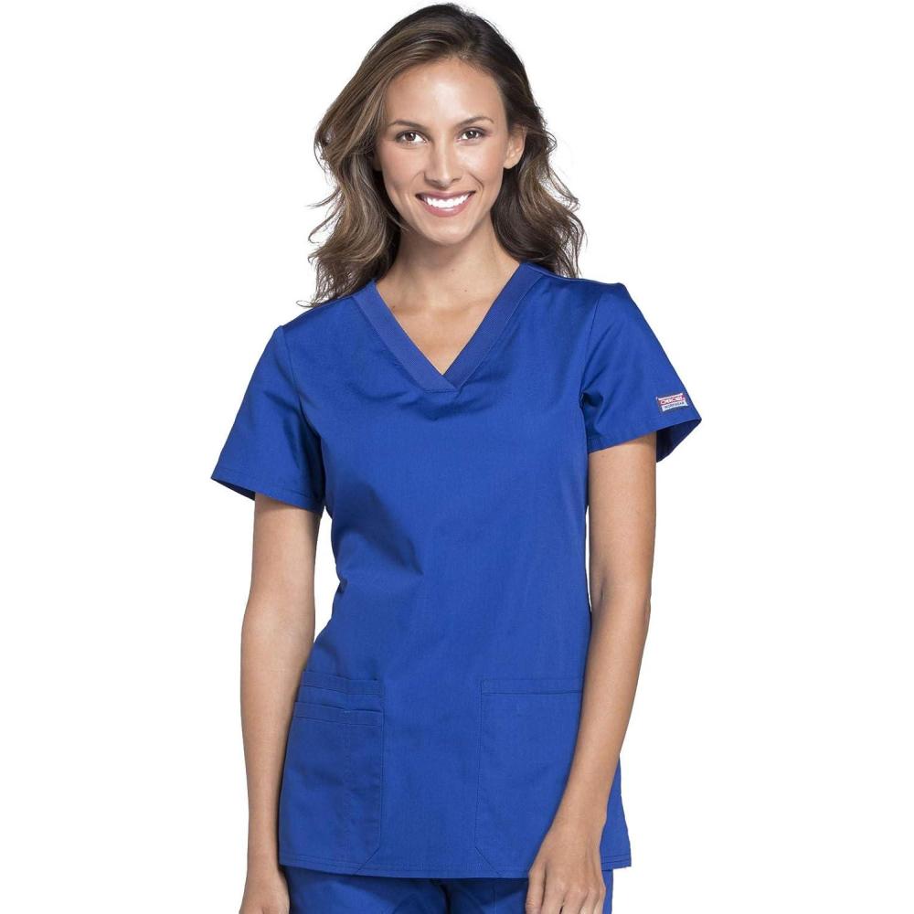 imageCherokee Womens VNeck Scrub Top Modern Classic Shirt with 3 Pockets Instrument Loop amp Fade Resistant Fabric WW645Galaxy Blue