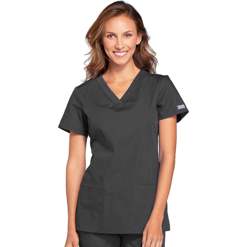 imageCherokee Womens VNeck Scrub Top Modern Classic Shirt with 3 Pockets Instrument Loop amp Fade Resistant Fabric WW645Pewter