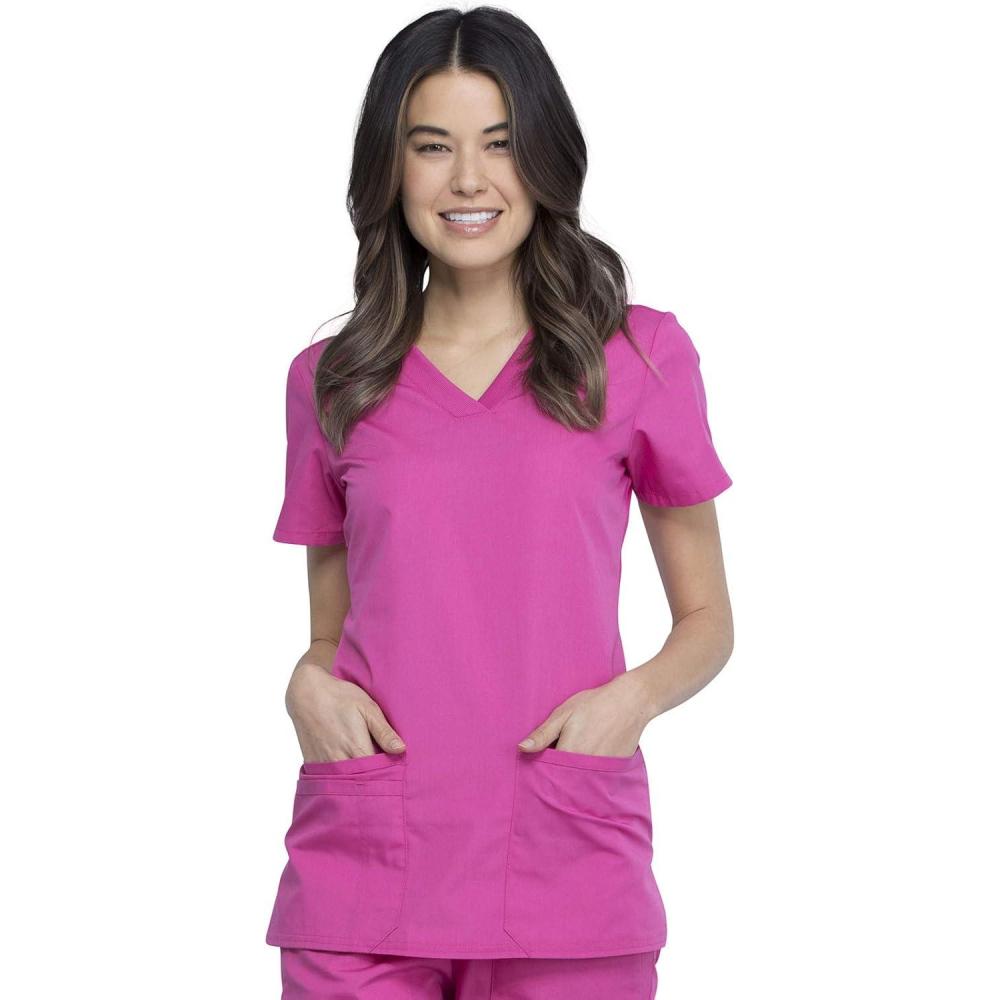 imageCherokee Womens VNeck Scrub Top Modern Classic Shirt with 3 Pockets Instrument Loop amp Fade Resistant Fabric WW645Shocking Pink