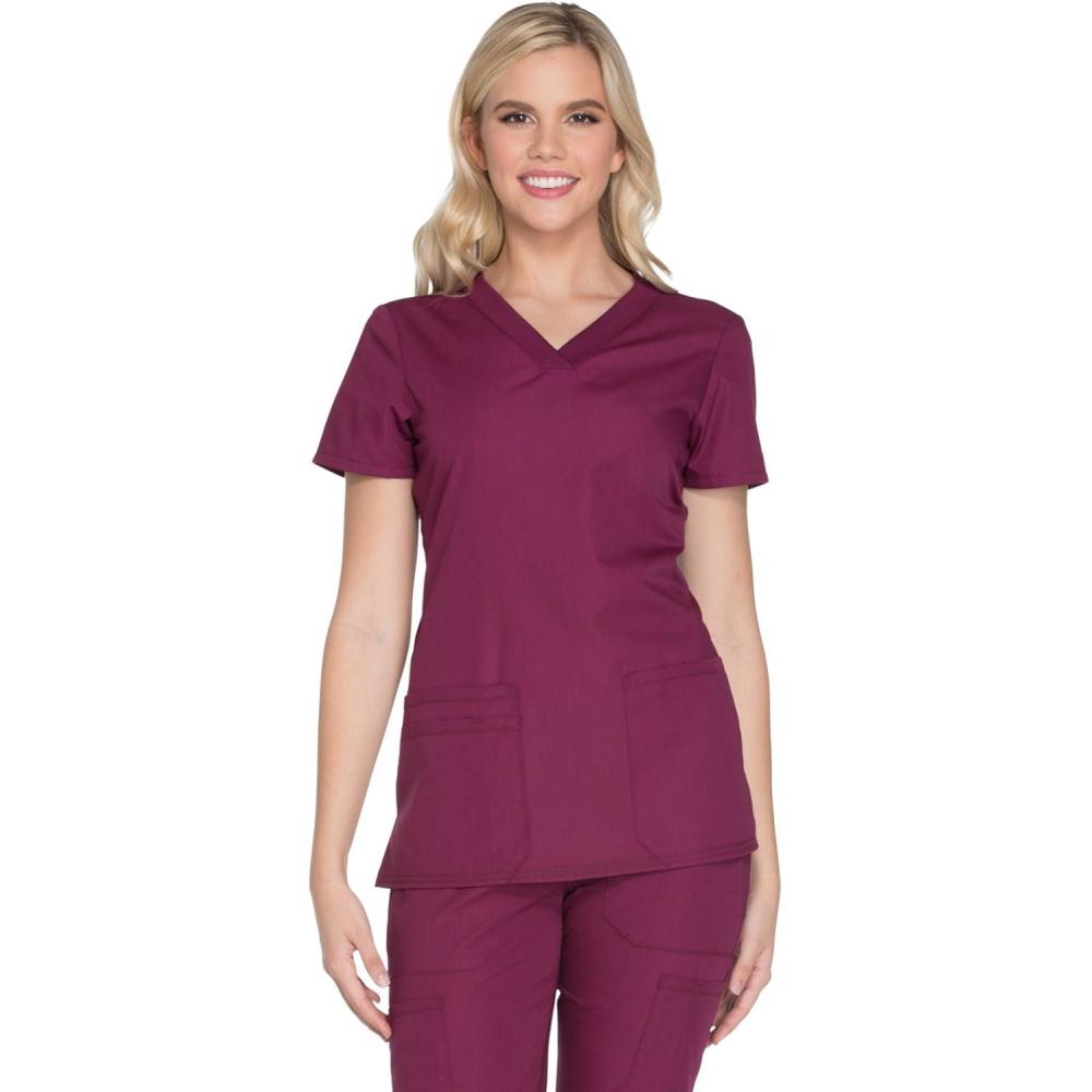 imageCherokee Womens VNeck Scrub Top Modern Classic Shirt with 3 Pockets Instrument Loop amp Fade Resistant Fabric WW645Wine