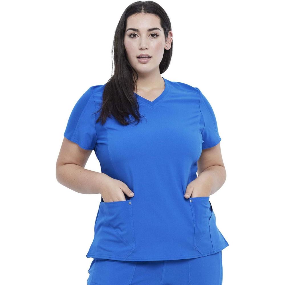 imageCherokee Womens VNeck Scrub Top 4 Pockets with Yokes amp Sleeve Insets Ideal for Medical Professionals CK711Royal