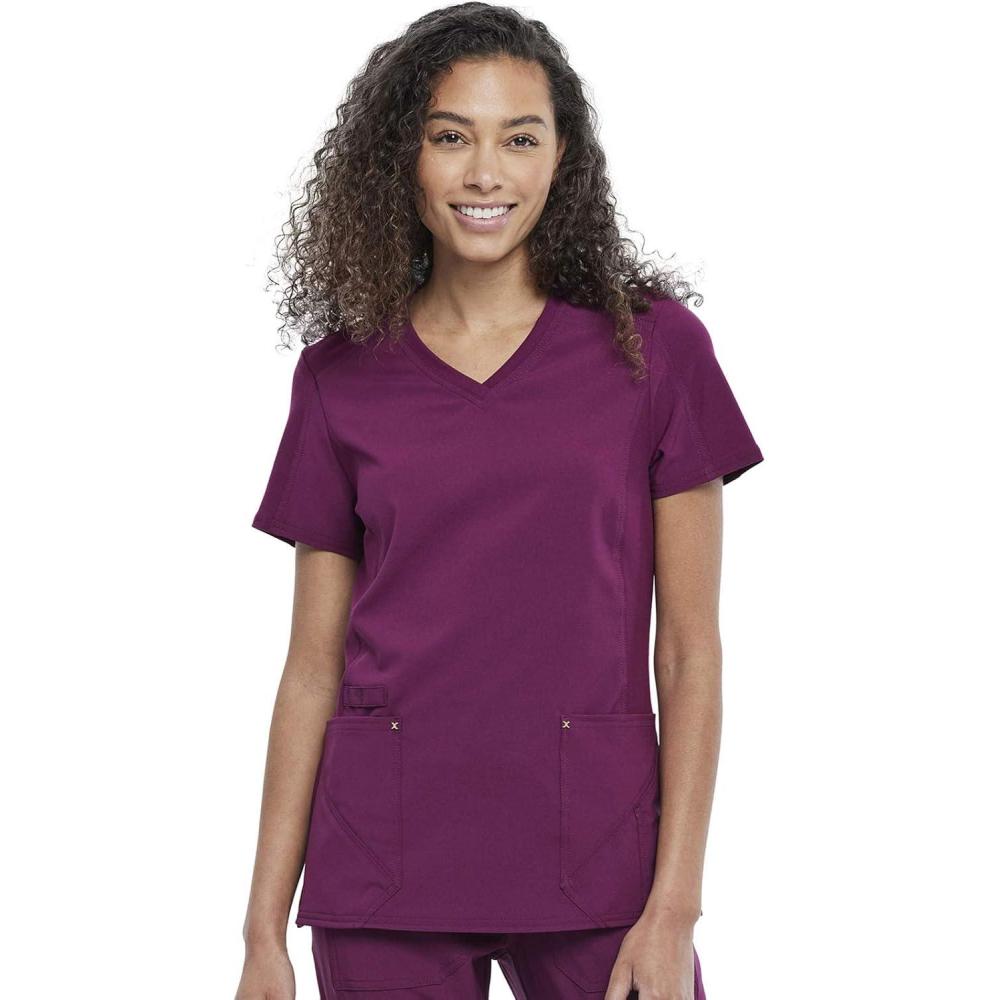 imageCherokee Womens VNeck Scrub Top 4 Pockets with Yokes amp Sleeve Insets Ideal for Medical Professionals CK711Wine
