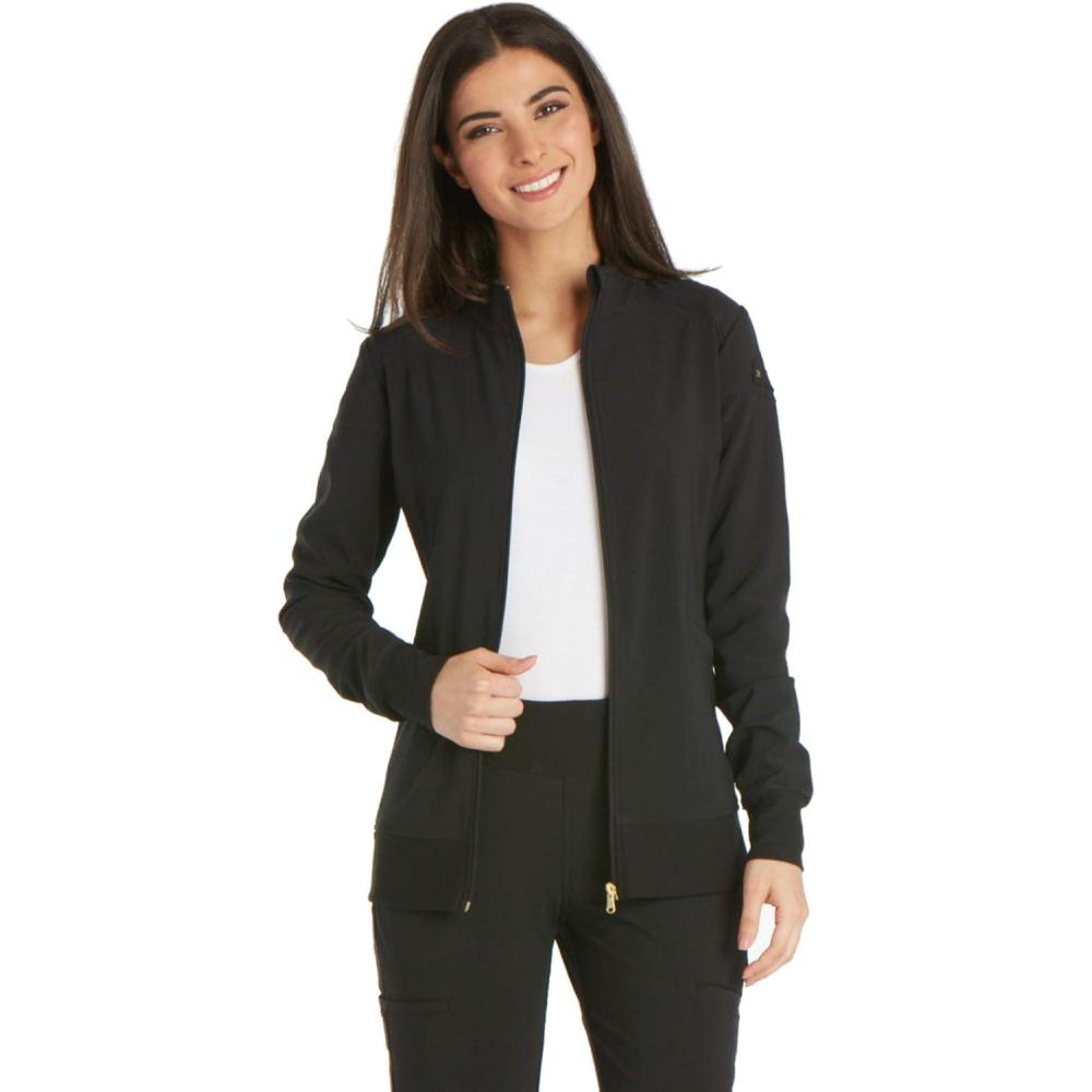 imageCherokee Womens Zip Front Scrub Jacket 2 Pockets Princess Seams Moisture Wicking 360 Stretch Fabric CK303Black