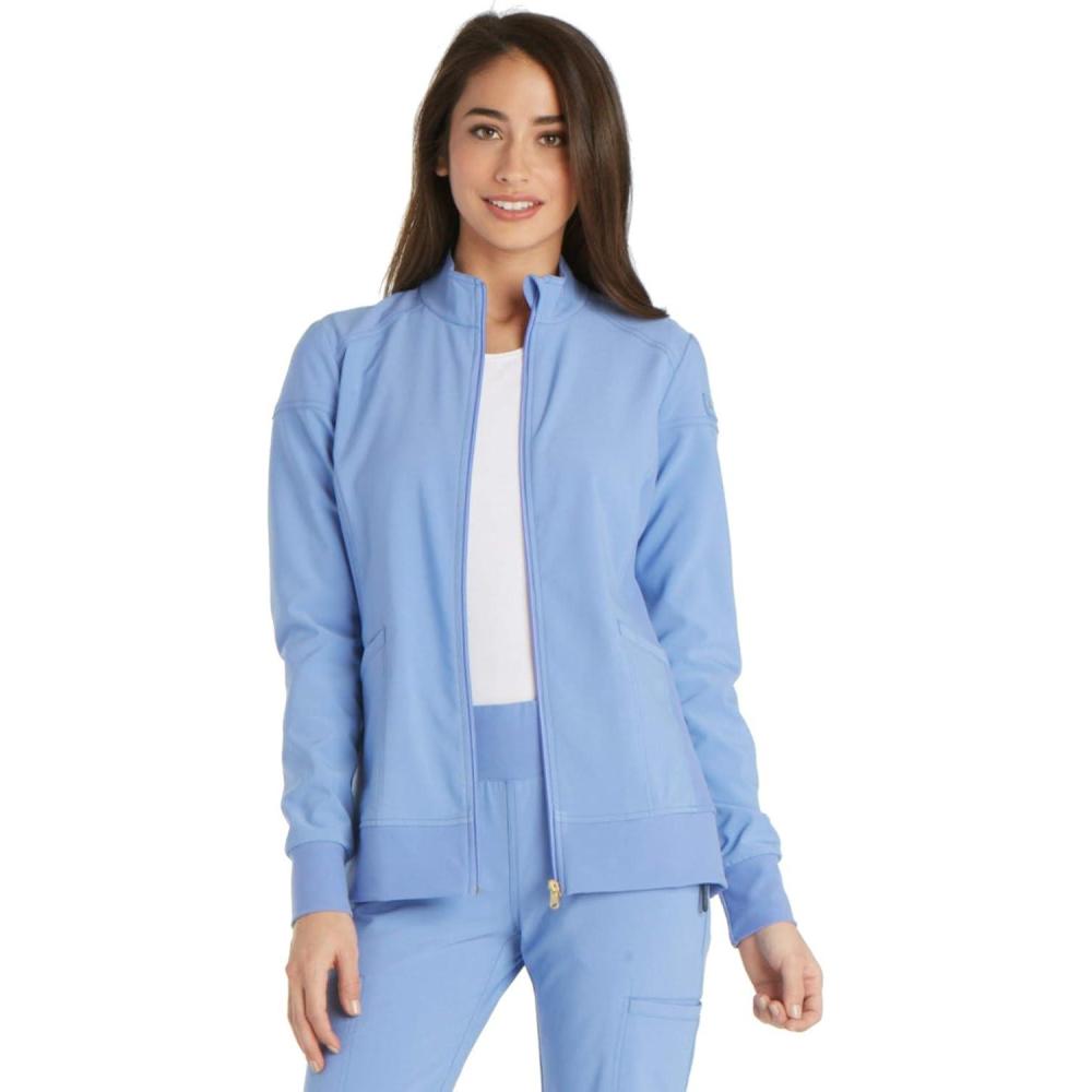 imageCherokee Womens Zip Front Scrub Jacket 2 Pockets Princess Seams Moisture Wicking 360 Stretch Fabric CK303Ciel Blue