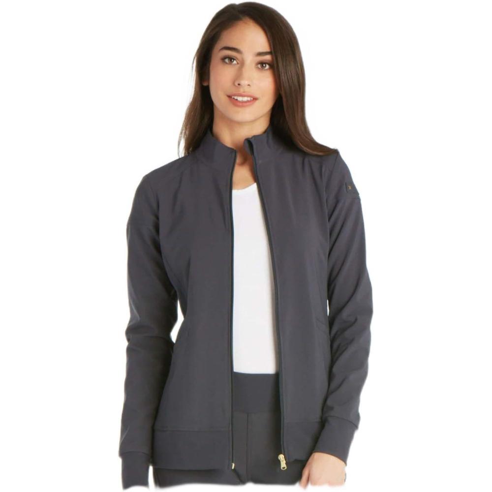imageCherokee Womens Zip Front Scrub Jacket 2 Pockets Princess Seams Moisture Wicking 360 Stretch Fabric CK303Pewter