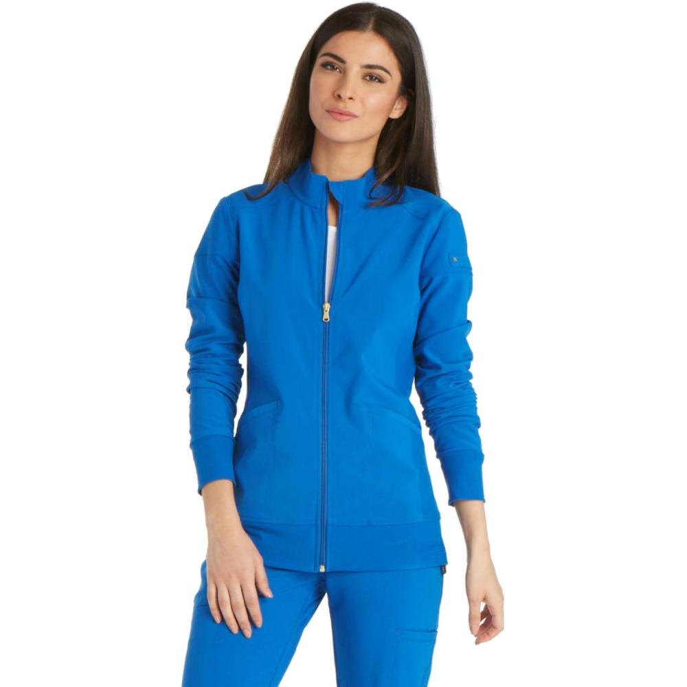 imageCherokee Womens Zip Front Scrub Jacket 2 Pockets Princess Seams Moisture Wicking 360 Stretch Fabric CK303Royal