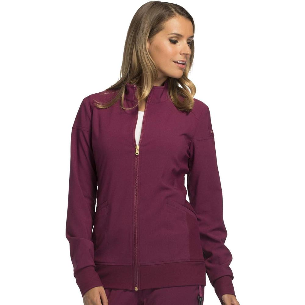 imageCherokee Womens Zip Front Scrub Jacket 2 Pockets Princess Seams Moisture Wicking 360 Stretch Fabric CK303Wine