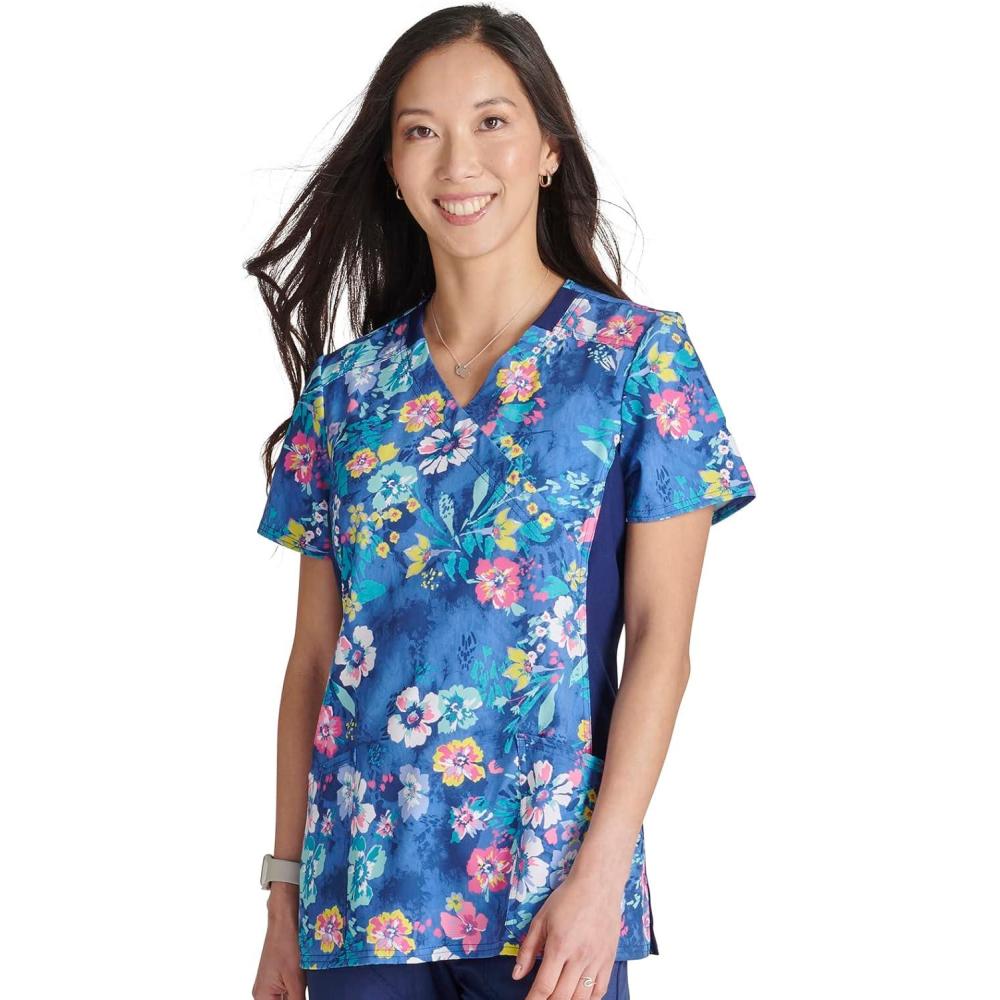 imageCherokee iFlex Women Scrubs Top Mock Wrap Knit Panel Print CK642Blooming Tie Dye