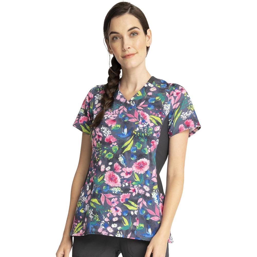 imageCherokee iFlex Women Scrubs Top Mock Wrap Knit Panel Print CK642Watercolor Petals