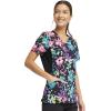 Cherokee iFlex Women Scrubs Top Mock Wrap Knit Panel Print CK642(Rainbow Fleurs)
