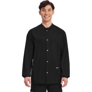 Cherokee Men’s Scrub Jacket Snap Front Medical with 3 Pockets, Knit Cuffs, Soft Fade Resistant 2-Way Stretch – WW360(Black)