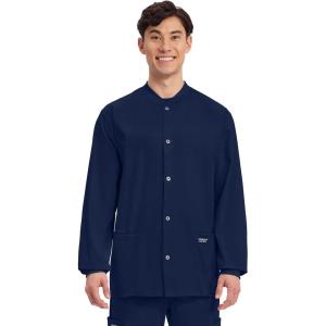 Cherokee Men’s Scrub Jacket Snap Front Medical with 3 Pockets, Knit Cuffs, Soft Fade Resistant 2-Way Stretch – WW360(Navy)