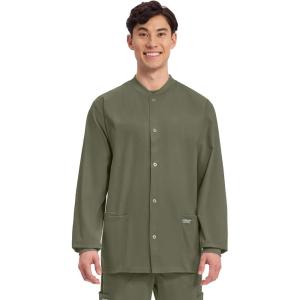 Cherokee Men’s Scrub Jacket Snap Front Medical with 3 Pockets, Knit Cuffs, Soft Fade Resistant 2-Way Stretch – WW360(Olive)