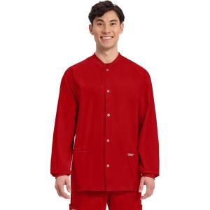 Cherokee Men’s Scrub Jacket Snap Front Medical with 3 Pockets, Knit Cuffs, Soft Fade Resistant 2-Way Stretch – WW360(Red)