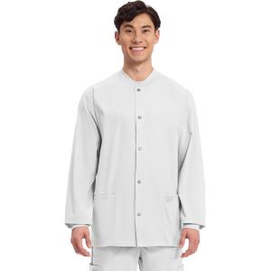 Cherokee Men’s Scrub Jacket Snap Front Medical with 3 Pockets, Knit Cuffs, Soft Fade Resistant 2-Way Stretch – WW360(White)