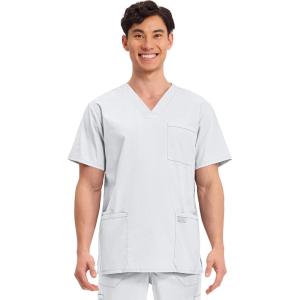 Cherokee Men’s V-Neck Top Traditional fit with 4 Pockets, Ultra Soft, Durable, Fade Resistant, 2-Way Stretch Fabric – WW695(White)