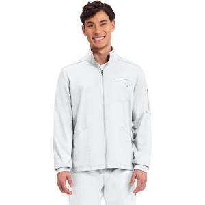 Cherokee Scrub Jacket Men’s Zip Front Jacket with 5 Pockets, Bungee Loop, Rib-Knit Cuffs, Soft 2-Way Stretch Fabric – WW320(White)