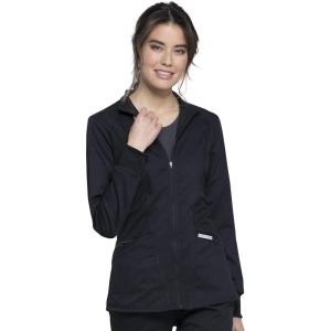 Cherokee Scrub Jacket for Women Zip Front High-Low Medical Uniform, 3 Pockets, Mesh Detail, Ultra Soft 2-Way Stretch – WW301(Black)