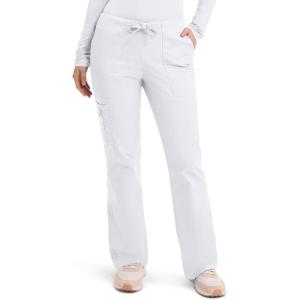 Cherokee Scrub Pants for Women Mid Rise Flare Leg Drawstring Cargo Medical Uniform 4 Pocket Durable Easy Care Stretch – 4044(White)