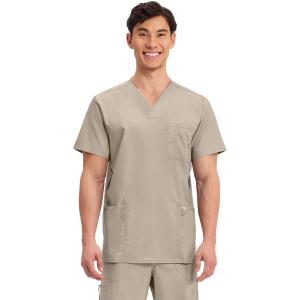 Cherokee Scrub top for Men V-Neck with 3 Pockets, Knit Details, Soft, Durable, Breathable, 2-Way Stretch Fabric – WW670(Khaki)