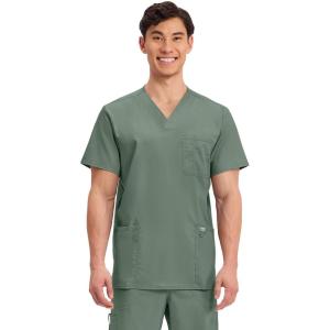 Cherokee Scrub top for Men V-Neck with 3 Pockets, Knit Details, Soft, Durable, Breathable, 2-Way Stretch Fabric – WW670(Olive)