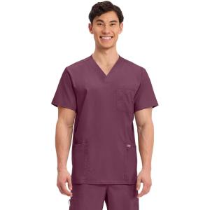 Cherokee Scrub top for Men V-Neck with 3 Pockets, Knit Details, Soft, Durable, Breathable, 2-Way Stretch Fabric – WW670(Wine)