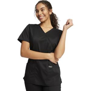 Cherokee Scrubs Top for Women Mock Wrap with 3 Pockets, Soft, 2-Way Stretch & Durable Fabric – WW610(Black)
