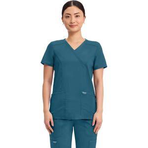 Cherokee Scrubs Top for Women Mock Wrap with 3 Pockets, Soft, 2-Way Stretch & Durable Fabric – WW610(Caribbean Blue)