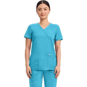 Cherokee Scrubs Top for Women Mock Wrap with 3 Pockets, Soft, 2-Way Stretch & Durable Fabric – WW610(Turquoise)