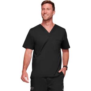 Cherokee Scrubs for Men Tuckable V-Neck Nursing Scrub Top with Chest Pocket, Side Vents & 2-Way Stretch Fabric – 4743(Black)