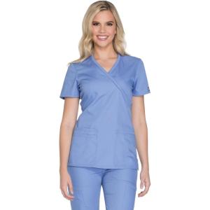 Cherokee Scrubs for Women Mock Wrap Nursing Scrub Top with 3 Pockets, Side Vent & Stretch Back Panels Medical Uniform – WW650(Ciel)