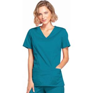 Cherokee Scrubs for Women Mock Wrap Nursing Scrub Top with 3 Pockets, Side Vents, Ultra Soft 2-Way Stretch Fabric – 4728(Caribbean Blue)