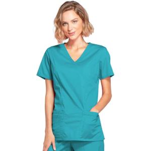 Cherokee Scrubs for Women Mock Wrap Nursing Scrub Top with 3 Pockets, Side Vents, Ultra Soft 2-Way Stretch Fabric – 4728(Teal Blue)